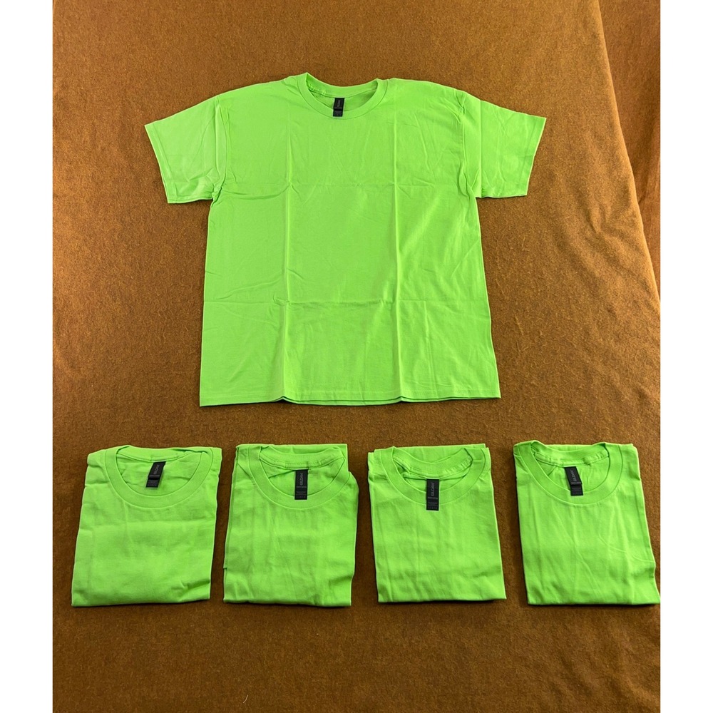 Gildan Mens Large Neon Lime Green Heavy Cotton Short Sleeve T-Shirt 5 Pack New
